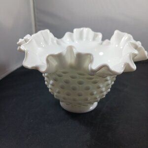 6" Fenton Hobnail Milk Glass Round Crimped Ruffle Bowl Vase